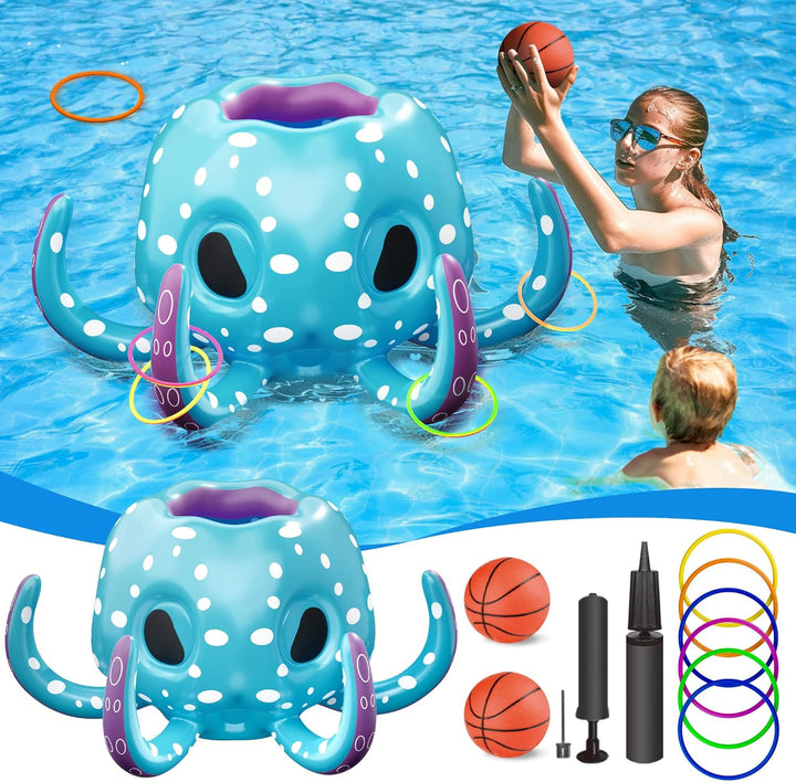 Pool Wave Kids Octopus Pool Toys, 2-In-1 Inflatable Float Water Game, Basketball Hoop Ring Toss Outdoor Swim Play, Cool Summer Family Party Gift 3 4 5 6 7 8 Year Old Boy Girl Child-Blue