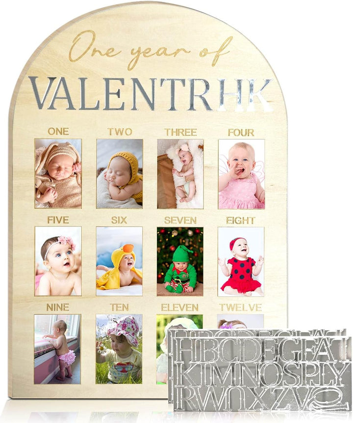 One Year Birthday Wooden Photo Board My First Year Milestone Photo Board 12 Monthly Picture Frame Baby First Year Wood Acrylic Sign 1St Birthday Decorations Baby Keepsake Gift (2" X 3" Photos - Wallet Size)