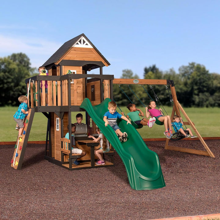 Canyon Creek White Cedar Wood Swing Set with Wave Slide, Clubhouse, Play Kitchen, Picnic Area, Belt Swings, Web Swing, Rock Wall, Balconies, Playhouse, Step Ladder, Outdoor Playset