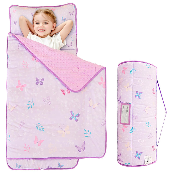 Toddler Kid Nap Mat for Preschool, Girls Pink Princess Slumber Bag, Daycare Sleeping Bag with Pillow and Blanket, Kindergarten Sleep Mat