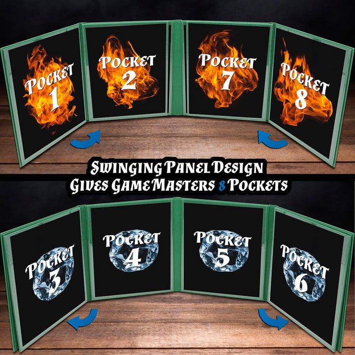 DM Screen PU Leather 8-Panel Deluxe GM Screen - Eight Panel Folding Dungeon Master Screen with 2 Swinging Panels and Wet Erase Pockets for Ttrpgs - Green, Inserts Not Included