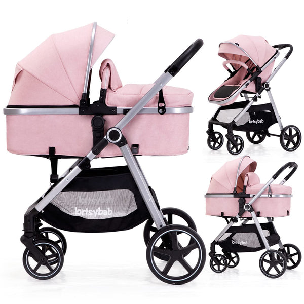 2-In-1 Baby Stroller with Bassinet Mode - Folding Infant Newborn Pram Stroller with Reversible Seat - Toddler Strollers for 0-36 Months Old Babies (Pink)