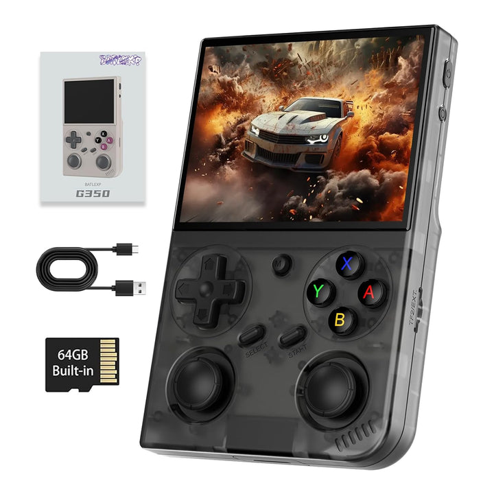 G350 Retro Handheld Game Console , G350 Retro Gaming Console 3.5'' IPS Screen Linux System Built-In 64G TF Card 20+Emulators Pre-Installed 4371 Games Retro Game Console with 3200Mah Battery Black