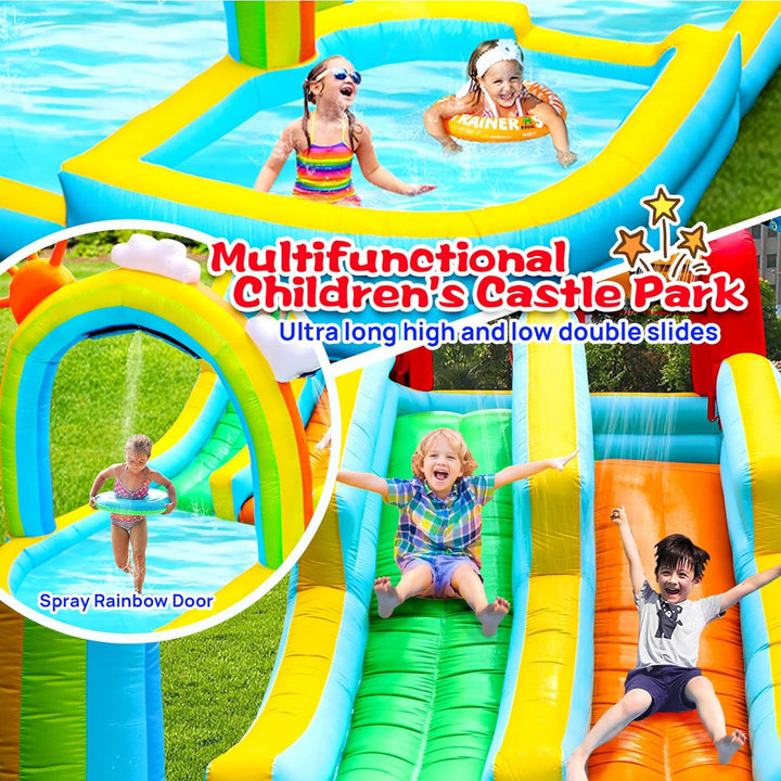 Inflatable Water Double Slides Park with Blower, Bouncy Castle with Rainbow Water Curtain, with Shooting and Rock Climbing