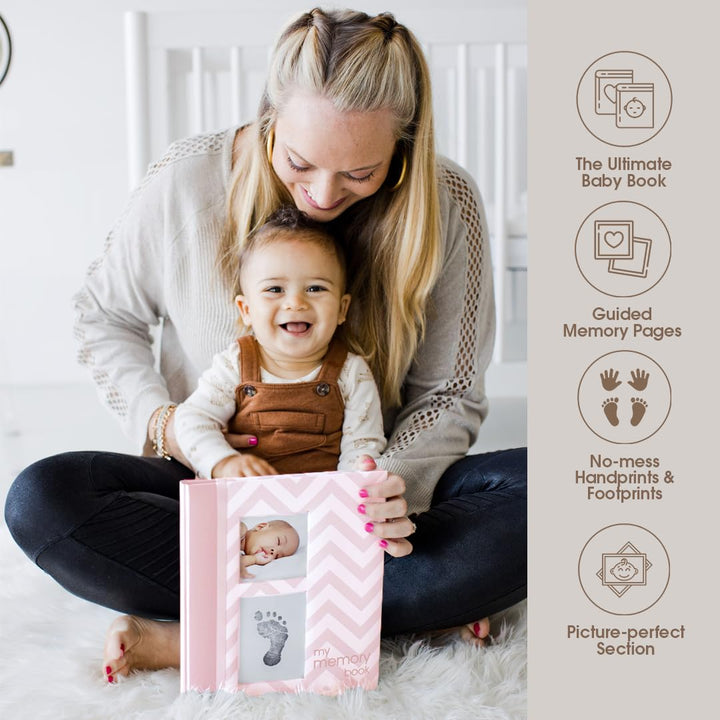 Baby Memory Book, First 5 Years Baby Milestone Book, Pregnancy Journal, Gender Neutral Newborn Keepsake, with Clean-Touch Ink Pad for Baby'S Handprint or Footprint, Pink Chevron