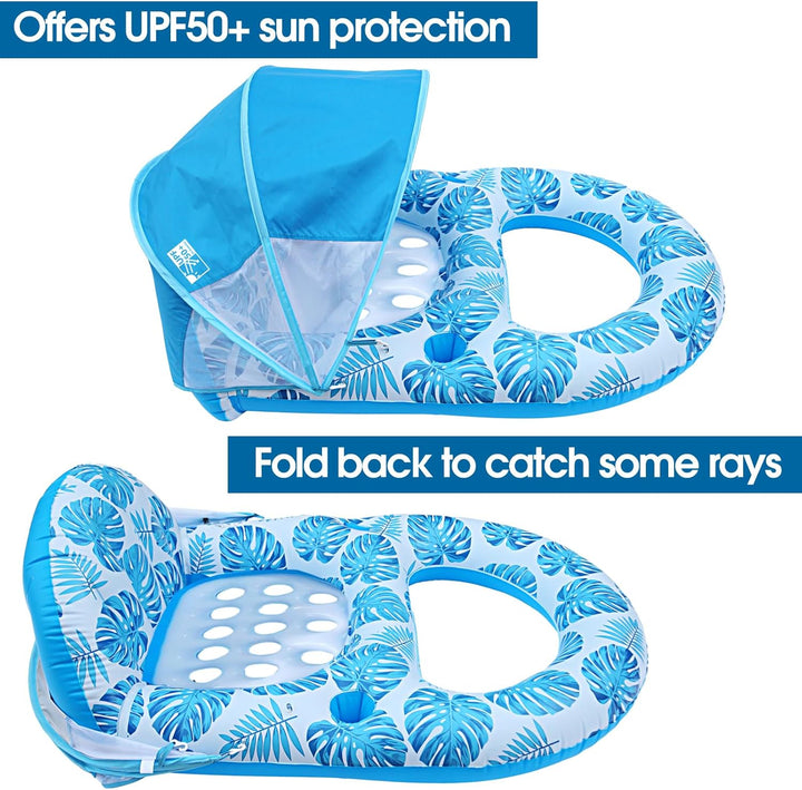 Pool Lounge Float with Canopy Upf50+,Extra Large Pool Floats for Adults Heavy Duty,Inflatable Lounger Float with Cup Holder & Backrest,Footrest