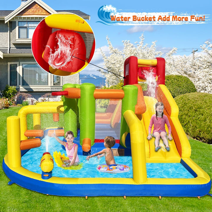 Inflatable Obstacle Bounce House, Kids Bounce House Water Park with Water Slides, Surprise Dump Bucket, Obstacles,Jumping, Tunnels, Climbing,Water Cannon, and Ball Shooting Frame