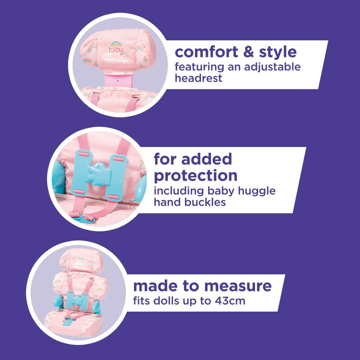 Baby Huggles Toys - Pink Booster Seat - Car Seat for Dolls with Adjustable Headrest & Buckles - Fits Dolls Sizes up to 14" - Suitable for Preschool Toys - Playset for Children Aged 3+