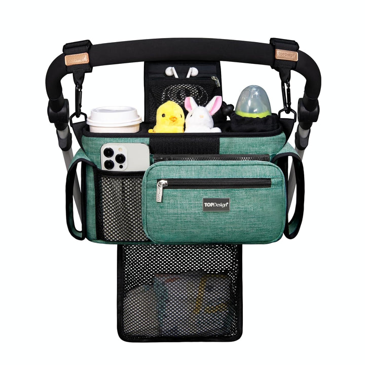 Universal Baby Stroller Organizer, Stroller Caddy with Detachable Mesh Bag & Heightened Insulated Cup Holders & Non-Slip Secure Hooks Accessories, Fits Most Strollers (Checkerboard)