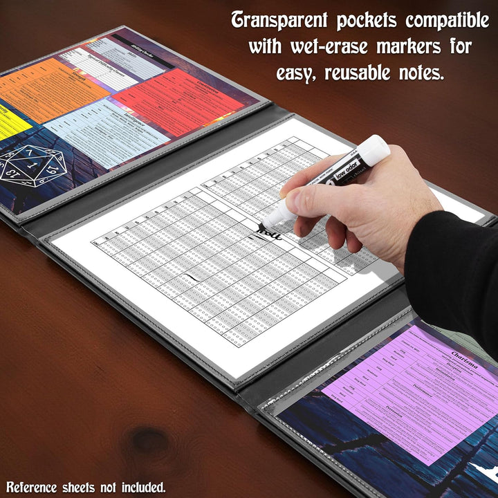 DM Screen – 3-Panel Travel-Ready Dungeon Master Screen with Transparent Pockets, PU Leather GM Screen, Wet-Erase Compatible, Compact Size for Portable Tabletop RPG Campaigns