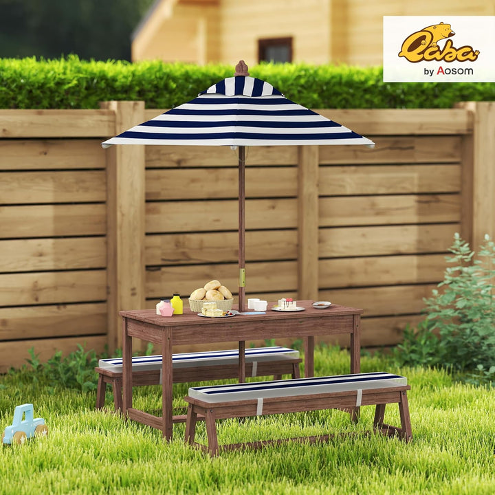 Kids Picnic Table, Outdoor Wooden Table & Bench Set with Cushions and Umbrella, Children Backyard Furniture for Patio, Garden, Navy Blue