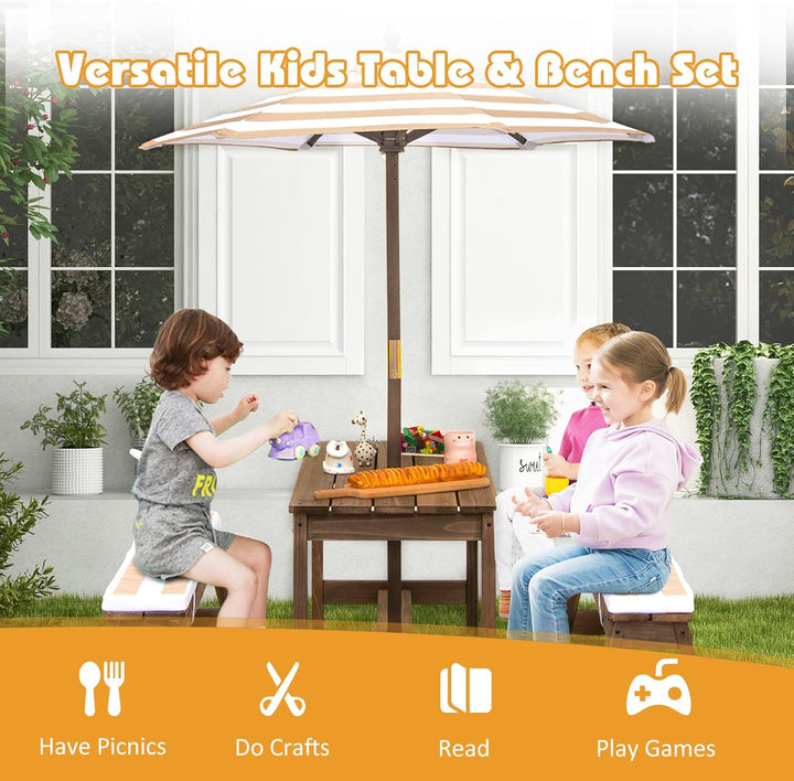 Kids Picnic Table, Toddler Wood Table & Chair Set W/Cushions, Height Adjustable Umbrella, Children Activity Table Outdoor Furniture Set for Patio, Garden, Backyard, Gift for Ages 3-8 (Coffee)