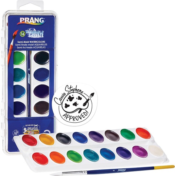 Washable Semi-Moist 16 Classic Colors with 1 Brush with Shaped Pans Provide 41% More Paint