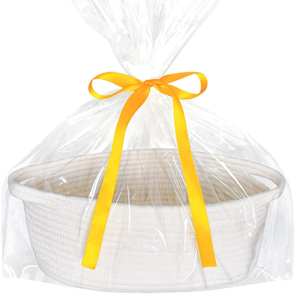 Small Basket with Gift Bags and Ribbons, Empty Gift Baskets, Decorative Boho Rope Woven Nursery Storage Organizer Toy Baskets with Handle for Baby Showers, 12"X 8" X 5"
