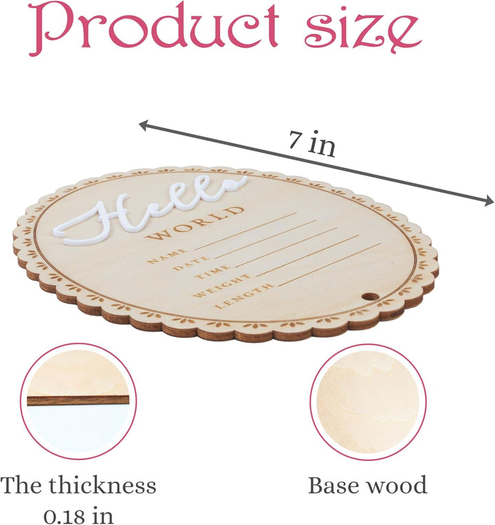 Baby Announcement Sign 6.5 Inch Wooden Hello World Newborn Welcome Sign Birth Baby Name Plaques for Photo Props Baby Shower Hospital Nursery (BOW CUT)