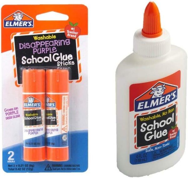 Bundle Washable Liquid School Glue, White, Dries Clear, 4 Fl Oz plus Disappearing Purple  School Glue Stick, 7G, 2Pk