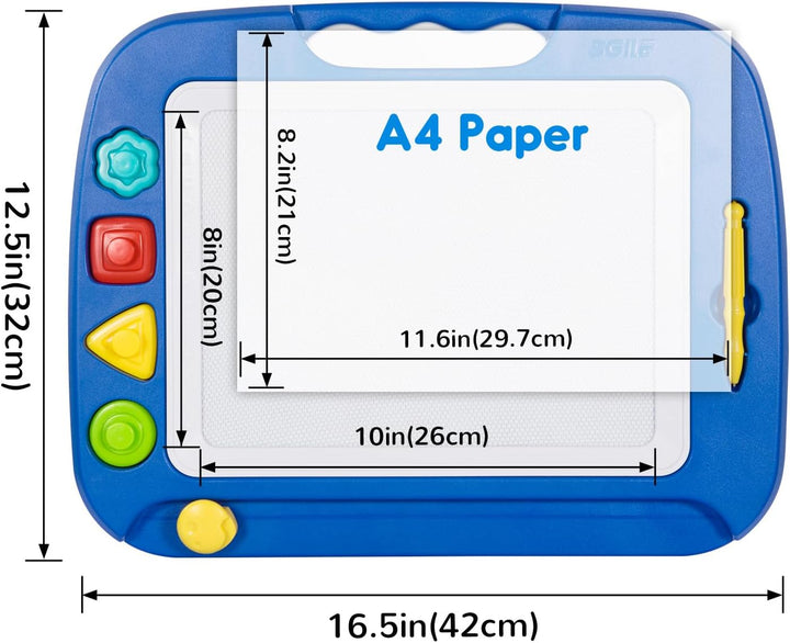Large Magnetic Drawing Board - 4 Colors 16×13In Writing Painting Doodle Pad with 4 Stamps for Toddlers, Learning Educational Toy Etch Sketch Gift for 36+ Month Kids Girls Boys, Blue