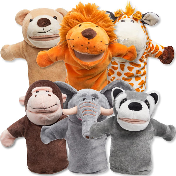 6Pcs Kids Hand Puppet Set with Working Mouth, Toddler Animal Plush Toy Includes Elephant, Giraffe, Lion, Bear, Raccoon and Monkey for Show Theater, Birthday Gifts for Kid Age 3+