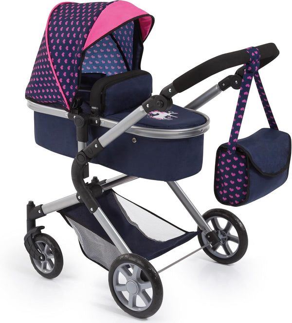 : Pram Neo City - Blue, Pink - Dolls up to 20", Shoulder Bag, Convert to Jogger Pushchair, Foldable, Direction Changing, Kids Age 3+