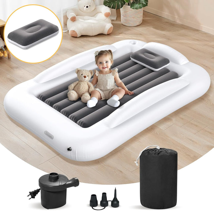 Inflatable Toddler Travel Bed - Portable Toddler Kids Travel Bed with Safety Sides Complete Kids Air Mattress Set with High-Speed Pump, Ideal for Vacation Camping and Sleepover (60 Inches)
