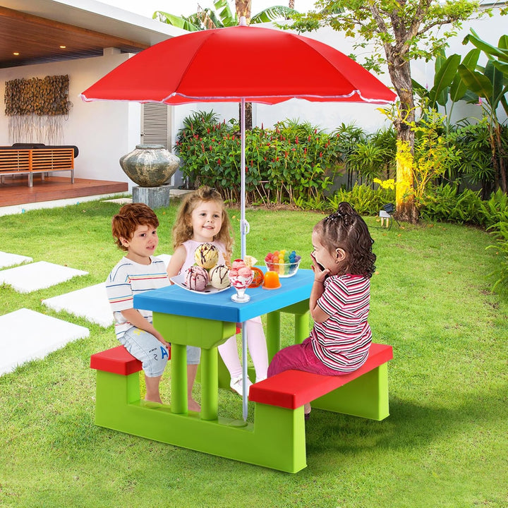 Kids Picnic Table, Outdoor Toddler Table and Bench Set with Removable Umbrella, Plastic Kids Activity Table Set for Backyard, Garden, Nursery, Gift for Boys Girls Age 3+, Red