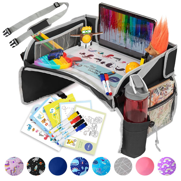 Kids Travel Tray for Car - Car Seat Tray for Kids Travel, Road Trip Essentials - Carseat Table for Roadtrip Activities - Must Have Toddler Lap Desk Organizer for Airplane - Car Accessories