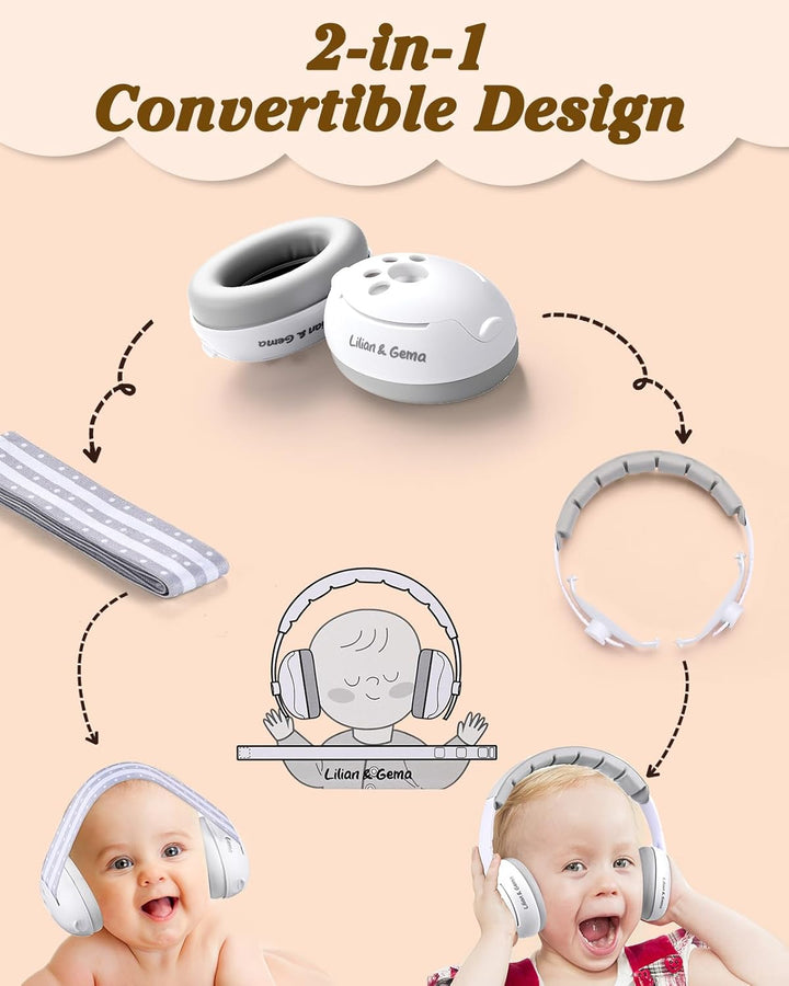 2-In-1 Baby Ear Muffs Noise Protection, Adjustable Headphones with Stretchy Band, Noise Cancelling for Toddler up to 4 Years, Airplane Essentials/Outdoor, White