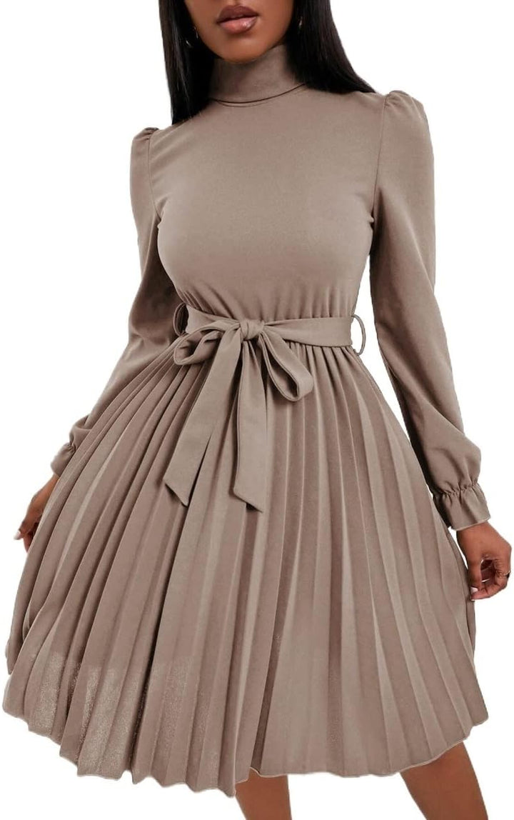 ROLVK Women'S Casual Dresses Turtleneck Flounce Sleeve Pleated Hem Belted Dress Charming Mystery Special Beautiful