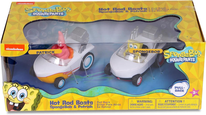 Pull Back 2PK Spongebob & Patrick Hot Rod Boats, Pull Back and Watch Them Zoom, No Batteries, No Controls, No Hassle, Fun–Fast–Portable, Great Gift, Official Nickoledeon Licensed