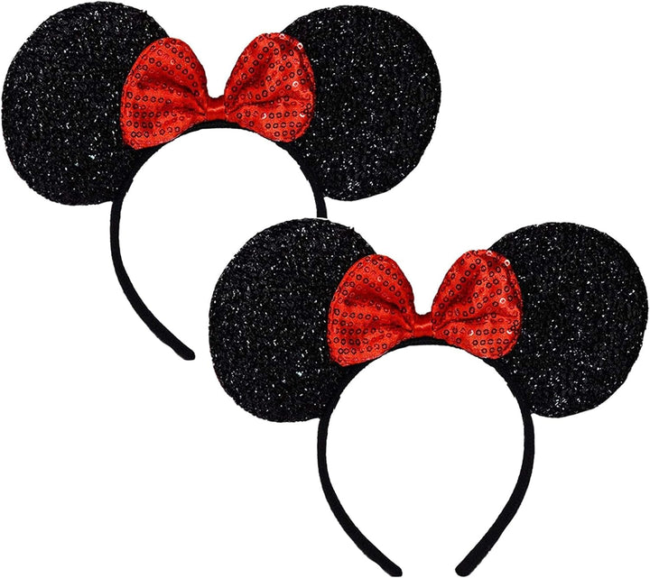 Mouse Ears, Sequin Mouse Ears Headband for Girls Women Halloween Birthday Party (Orange Bow)