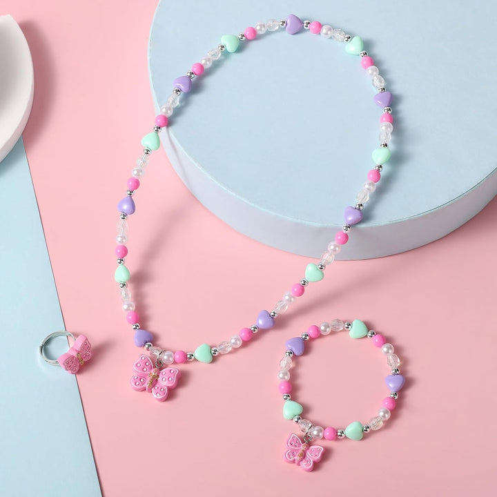 Girls Colorful Butterfly Jewelry Set - Toddler Butterfly Necklace Girls Pretend Plasy Toy Jewelry Box Set with Bead Necklace, Bracelet and Ring - Play Accessories - Ages 3+ Girl Birthday Gifts-Style 2