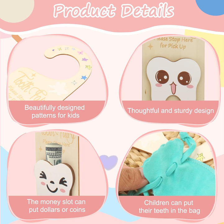 2 PCS Tooth Fairy Tooth Holder, Room Decor Tooth Fairy Door Hanger with Money Slot, Keepsake Bag & Elegant Patterns for Lost Teeth, Encourage Gift for Boys & Girls Milk Teeth