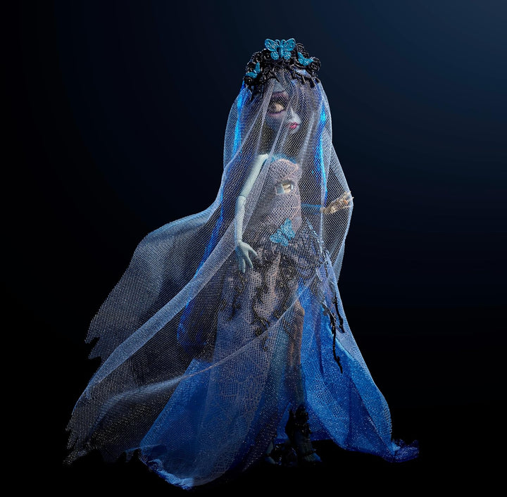 Skullector Doll, Corpse Bride Emily Collectible in Gothic Spiderweb Wedding Dress with Accessories like Gauze Veil and Doll Stand