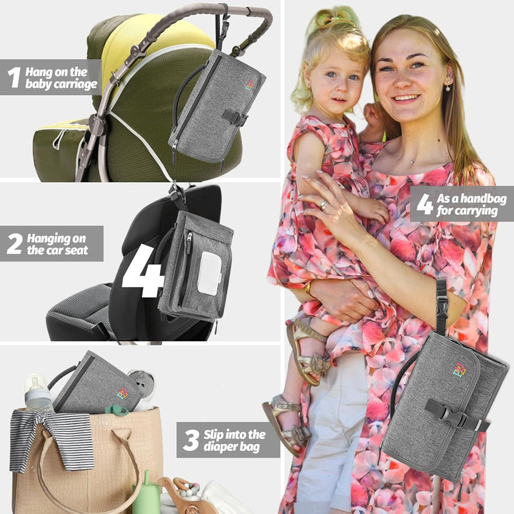 Portable Diaper Changing Pad - Changing Pad Portable with Wipes Pocket, Waterproof Diaper Changing Mat, Portable Changing Pad for Baby, Newborn Gift（Grey）