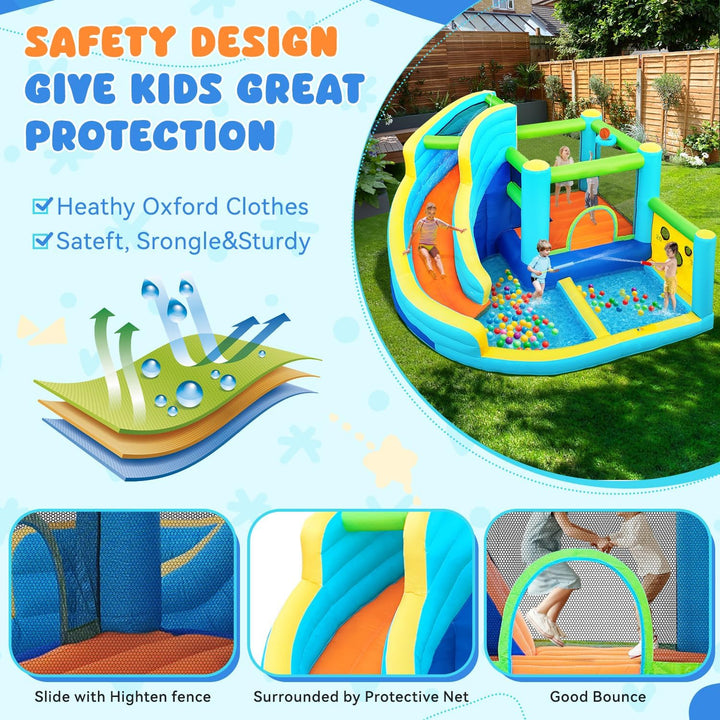 Inflatable Bounce House Water Slide Park, Bouncy Castle with Blower for Indoor & Outdoor, Jumping Castle with Slide, Climbing Wall, Basketball