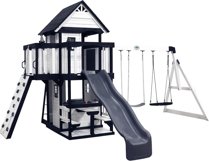 Canyon Creek White Cedar Wood Swing Set with Wave Slide, Clubhouse, Play Kitchen, Picnic Area, Belt Swings, Web Swing, Rock Wall, Balconies, Playhouse, Step Ladder, Outdoor Playset