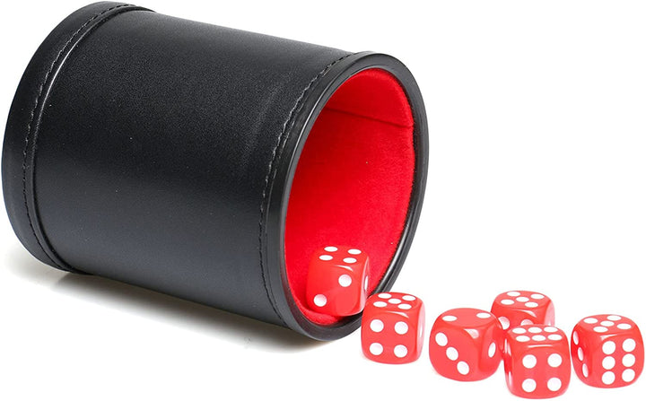 Felt Lined PU Leather Dice Cup Set with 6 Dot Dices (Black, Pack of 1)