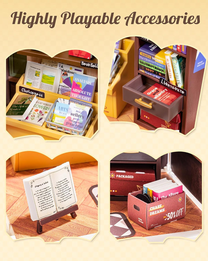 Mini Super Creator Series, DIY Miniature Memory Book Store Dollhouse House Kit, Bulid Scenary for Action Collectible Figures,Creative Gifts for Women Kid Adults