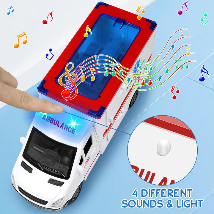 Toy Ambulance Boys Age 3-5 with 4 Different Flashing Lights & Sound, Back and Side Doors Open Friction-Powered Wheels Light up Toy Hospital Sets Buses Birthday Gift 3 4 Year Old and up Girl Boy Toys