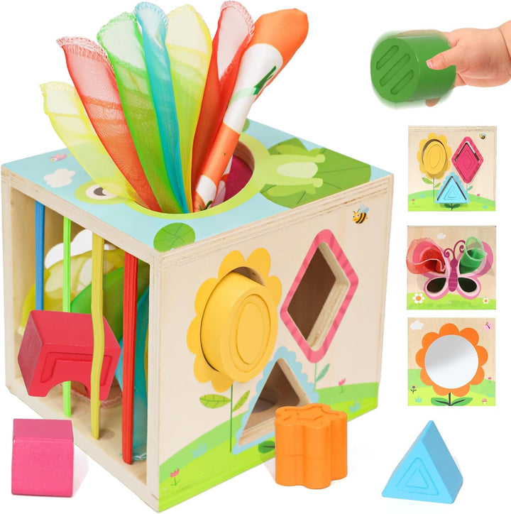 6-In-1 Montessori Tissue Box Toy for 6+ Months Baby, Wooden Activity Cube, Puzzles 12-18 Months, Perfect 1 Year Old Girl Boy Gifts, Sensory Toys for Toddlers 1-3, Baby 1St Birthday Gift