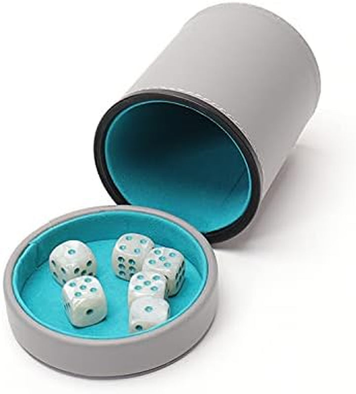 Grey Leather Dice Cup with Lid Including 6 Matching Pearl Dice - Teal Velvet Interior for Quiet Shaking - Use for Liars Dice Farkle Yahtzee Board Games, Grey