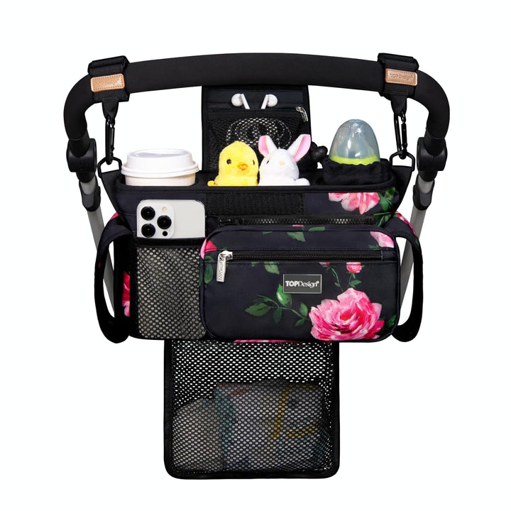 Universal Baby Stroller Organizer, Stroller Caddy with Detachable Mesh Bag & Heightened Insulated Cup Holders & Non-Slip Secure Hooks Accessories, Fits Most Strollers (Checkerboard)