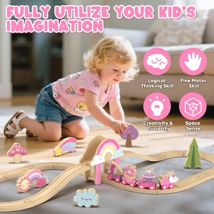 Wooden Train Set, Train Set for Toddlers 2-4, Wooden Train Track for Girls, Unicorn Toys for Girls Age 4-6, Toys for 3 4 5 6 Year Old Girl