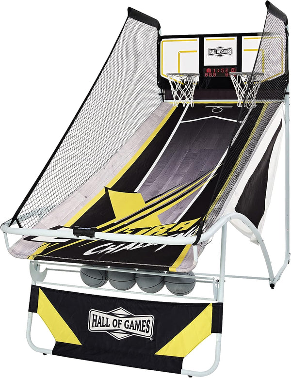 Xtra Long Shot Ez-Fold Premium Arcade Basketball Game with Built-In 4-Ball Storage Rack, Pop off with the Perfect Basketball Game