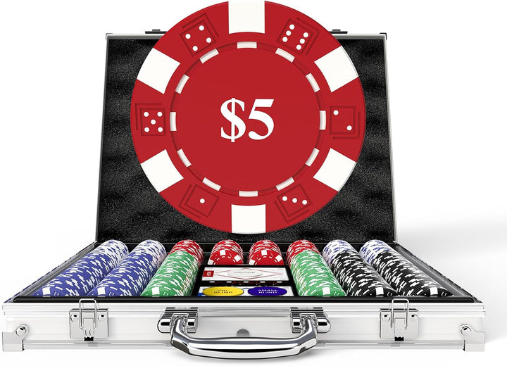 Poker Set with Denominations, 300-Pcs 11.5G Weighted Numbered Chips, 5 Dice, 2 Decks with Compact Aluminum Case for Texas Hold'Em, Blackjack, Age 8 and Plus