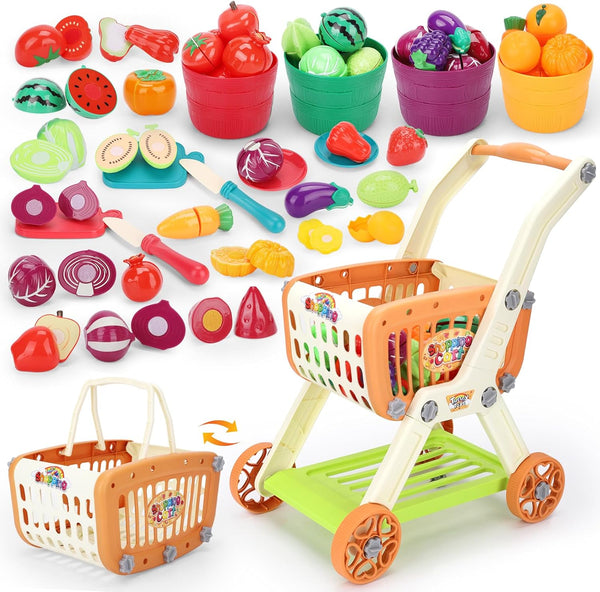 Kids Shopping Cart with Cutting Play Food Set for Kids Kitchen, 2 in 1 Shopping Cart for Kids Grocery Store Pretend Play Kitchen Accessories Sorting Food Bucket Learning Toys Gift for Toddler 3-5