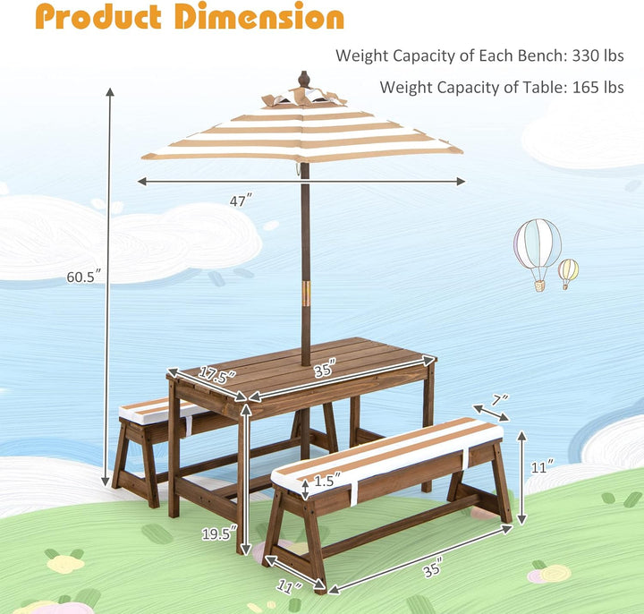 Kids Picnic Table, Toddler Wood Table & Chair Set W/Cushions, Height Adjustable Umbrella, Children Activity Table Outdoor Furniture Set for Patio, Garden, Backyard, Gift for Ages 3-8 (Coffee)