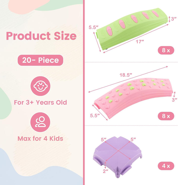 Kids Balance Beam Stepping Stones Set, 20 PCS Montessori Obstacle Course for Toddler Indoor Outdoor, Non Slip Rubber Base, Gymnastics Toy, Build Coordination Gross Motor Skills