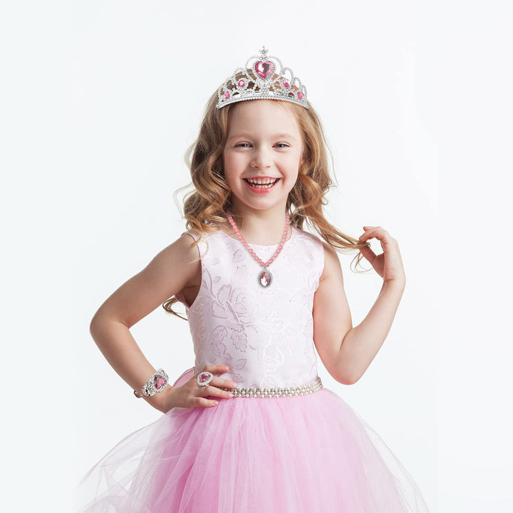 Princess Dress up Party Accessories for Princess Costume Gloves Tiara Wand Necklace Earrings Bracelet and Ring Gift Set 9Pcs (Pink, Set of 7, 9Pcs)
