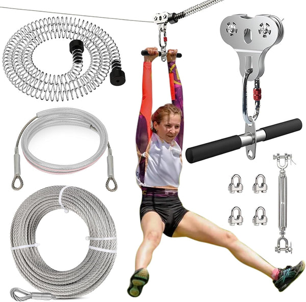 Zip Lines for Kids and Adults Outdoor up to 500 Lbs, 304 Stainless Steel 80FT Zipline Kits for Backyard with Thickened 1/4" Wire Rope, Removable Pulley, Outdoor Playground Equipment